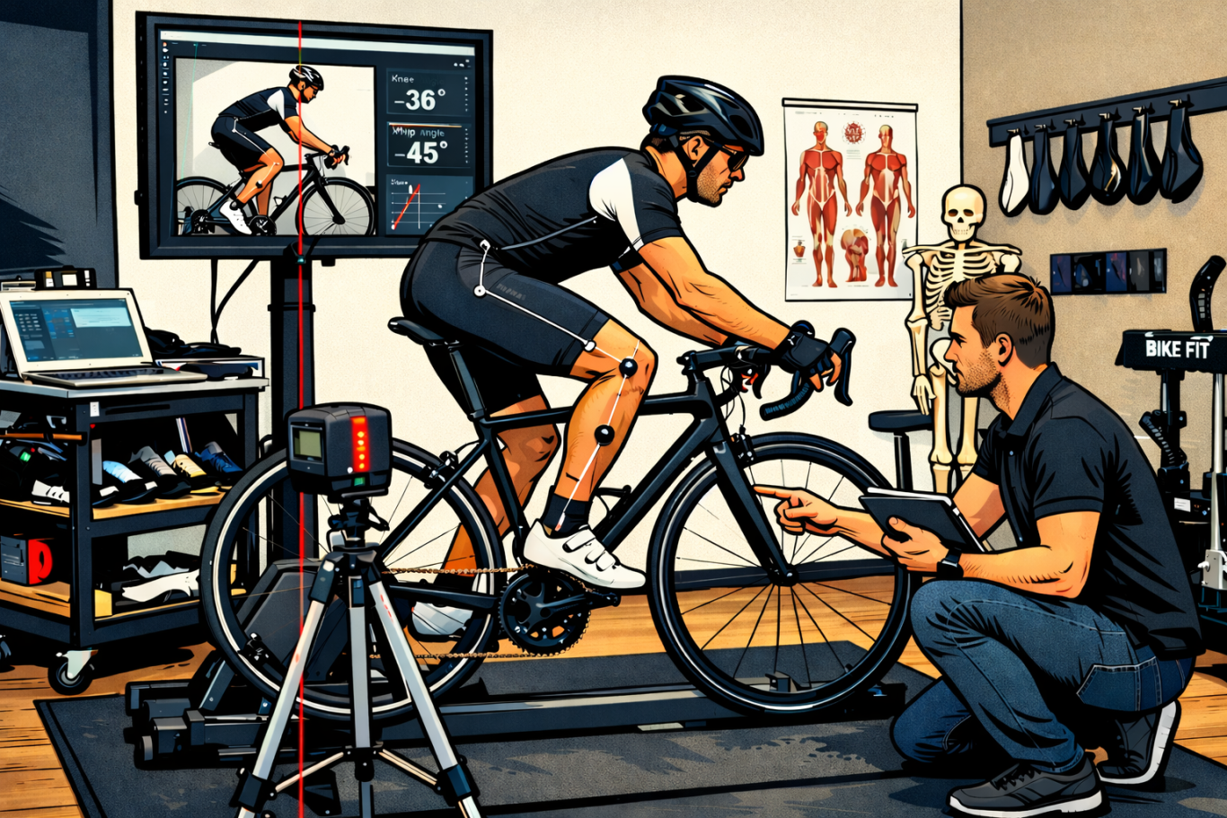 Radfahrer bei der Leistungsanalyse mit Trainer und Technik im Hintergrund.