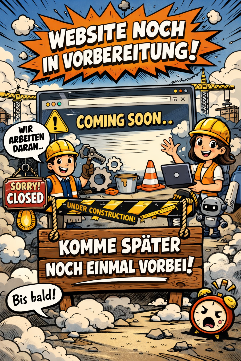 Bike Parts Warnschild mit Bauarbeitern, das auf eine bevorstehende Website hinweist.