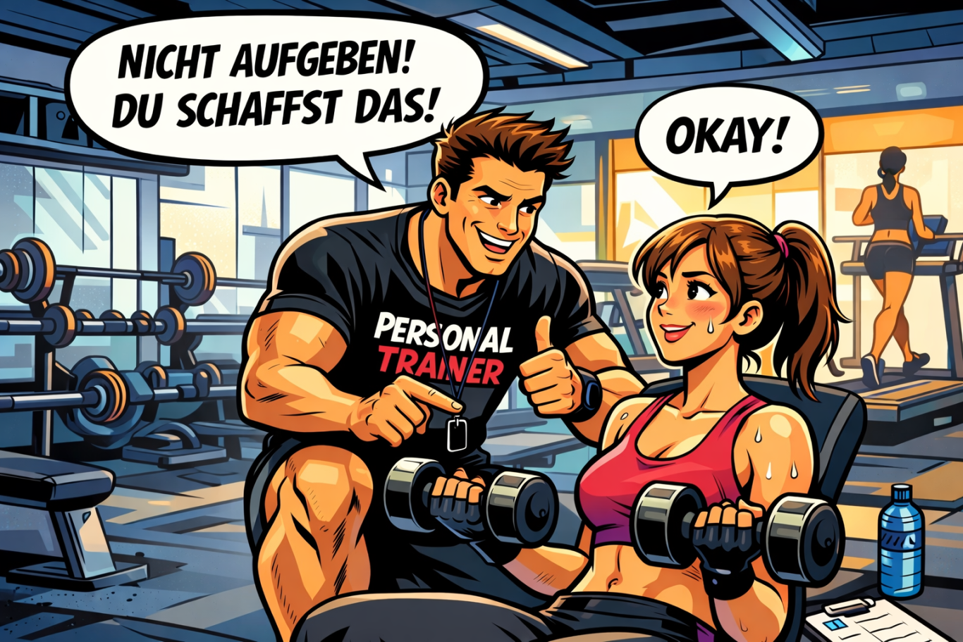 Ein Personal Trainer motiviert eine Frau beim Gewichtheben im Fitnessstudio.