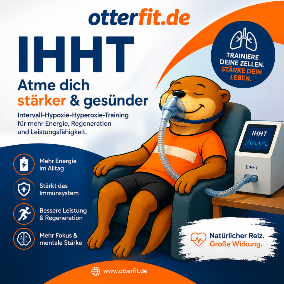 Bär im Trainingsanzug sitzt, bewirbt Intervall-Hyperbare Therapie für Gesundheit.