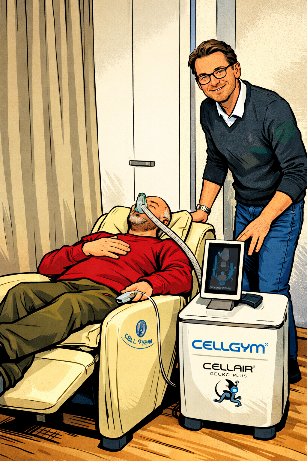 Höhentraining Mann sitzt entspannt in einem Stuhl mit einem Cellqym Gerät, daneben lächelt ein Arzt.